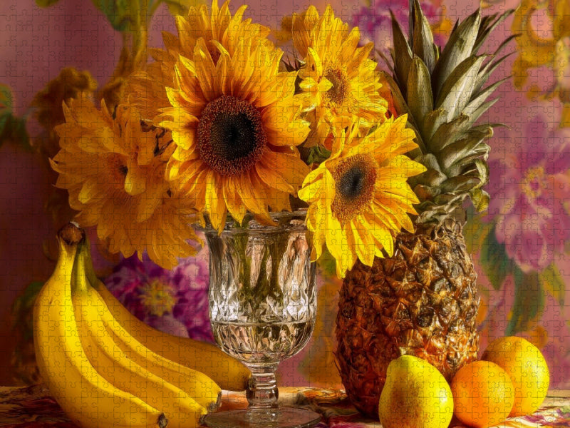Stillleben in Gelb mit Sonnenblumen, Bananen und Ananas - CALVENDO Foto-Puzzle'