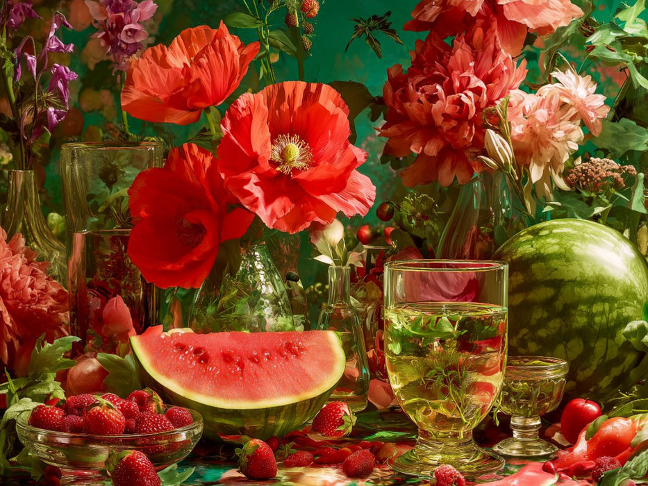 Stillleben mit Mohnblumen, Erdbeeren und Wassermelone - CALVENDO Foto-Puzzle'
