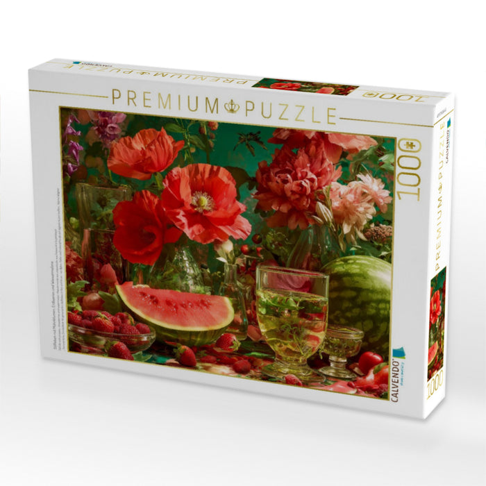 Stillleben mit Mohnblumen, Erdbeeren und Wassermelone - CALVENDO Foto-Puzzle'