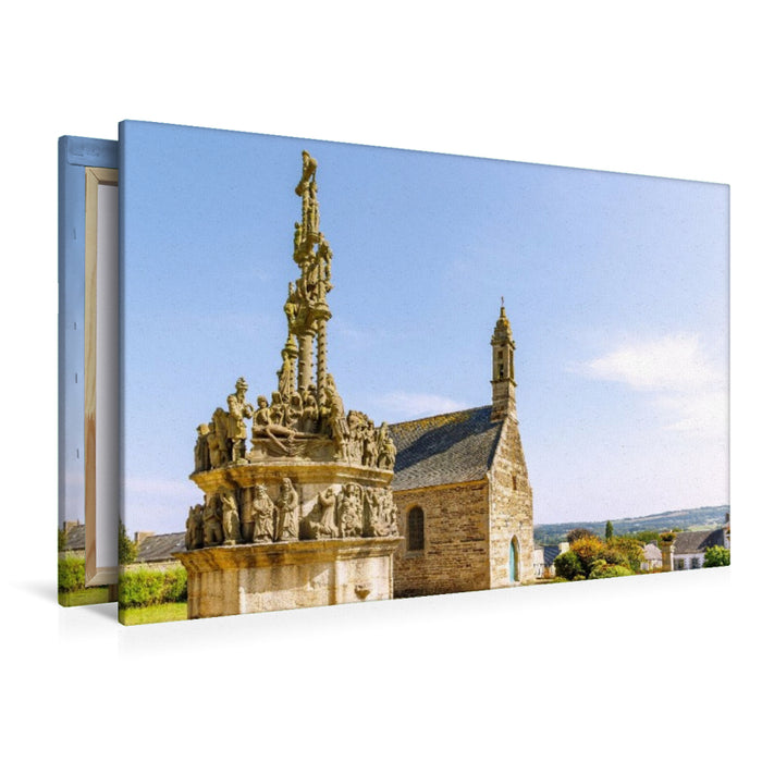 Premium Textil-Leinwand Historischer Pfarrbezirk mit Calvaire in Plougonven – steinerne Zeugnisse der Bretagne