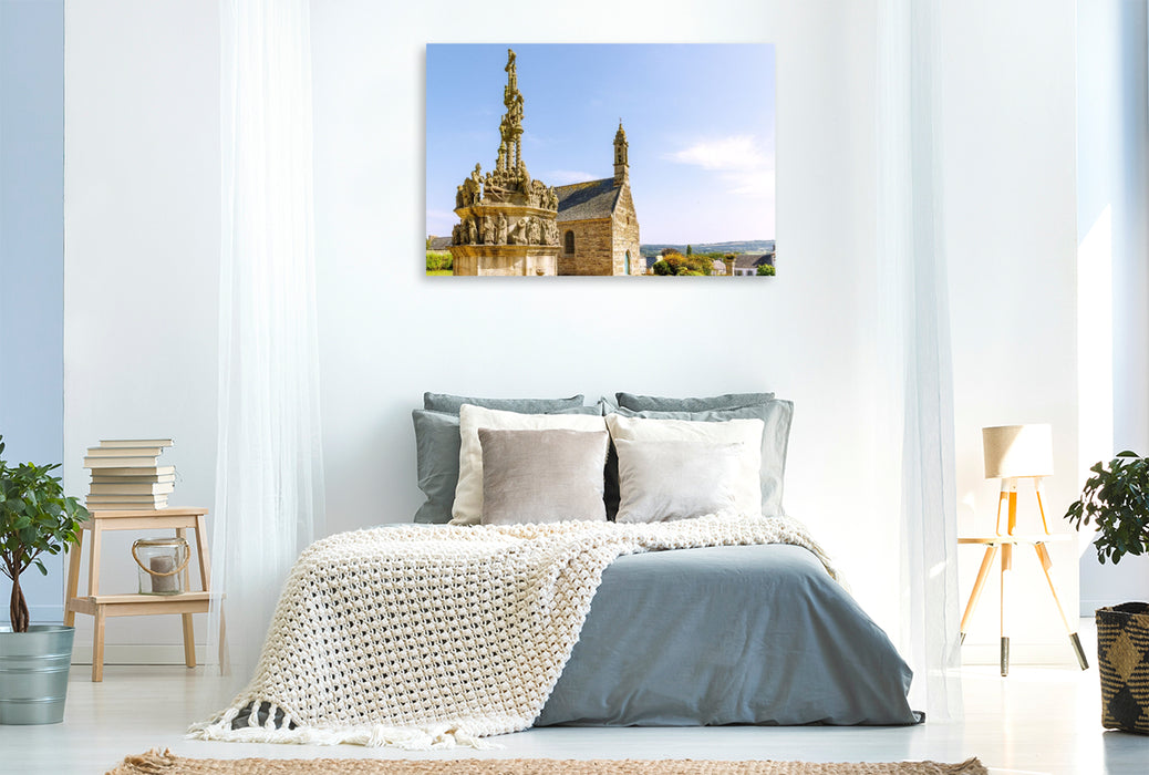Premium Textil-Leinwand Historischer Pfarrbezirk mit Calvaire in Plougonven – steinerne Zeugnisse der Bretagne