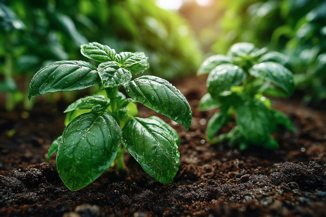 Premium Textil-Leinwand Frischer Basilikum wächst im Gartenbeet