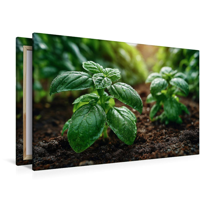 Premium Textil-Leinwand Frischer Basilikum wächst im Gartenbeet