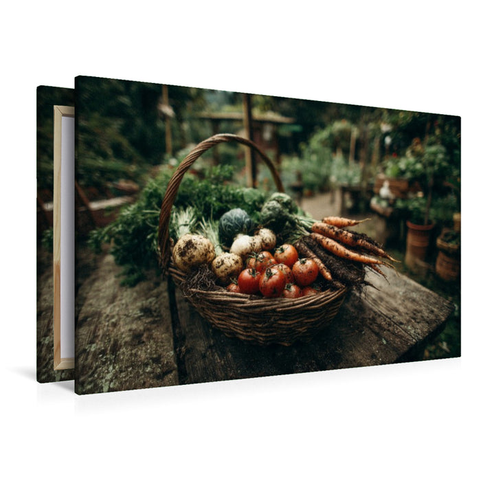 Premium Textil-Leinwand Frisches Gemüse aus dem Garten liegt im Korb bereit