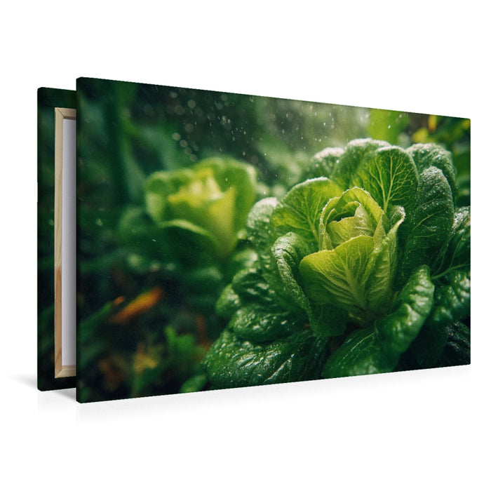 Premium Textil-Leinwand Frischer Kopfsalat im Garten wächst im satten Grün