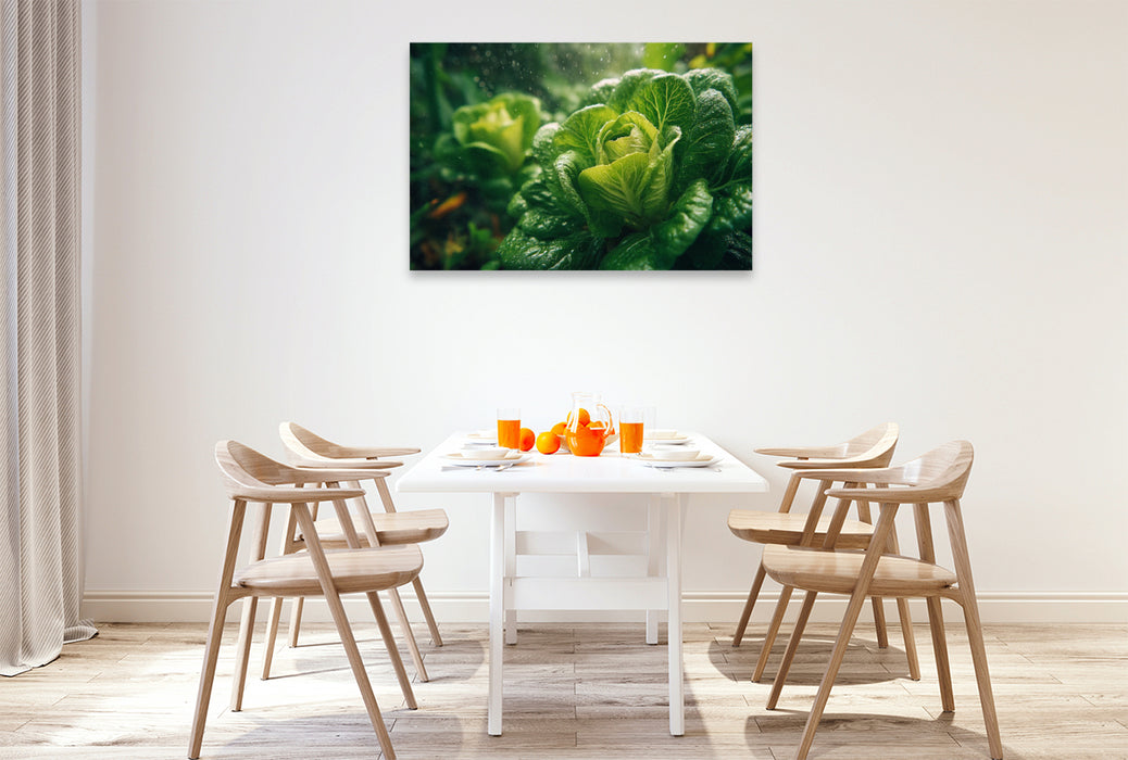 Premium Textil-Leinwand Frischer Kopfsalat im Garten wächst im satten Grün