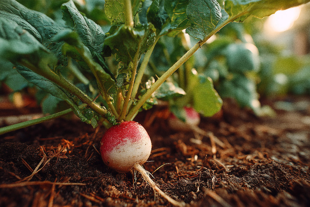 Premium Textil-Leinwand Radieschen frisch im Gartenbeet