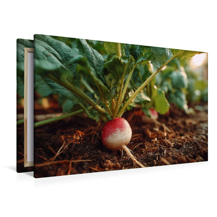 Premium Textil-Leinwand Radieschen frisch im Gartenbeet