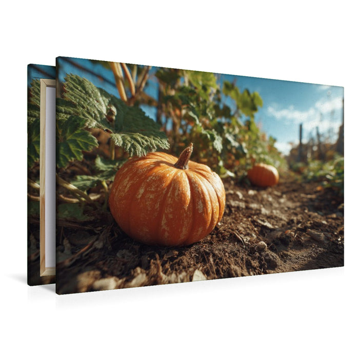 Premium Textil-Leinwand Kürbis im Gartenbeet bei Sonnenschein