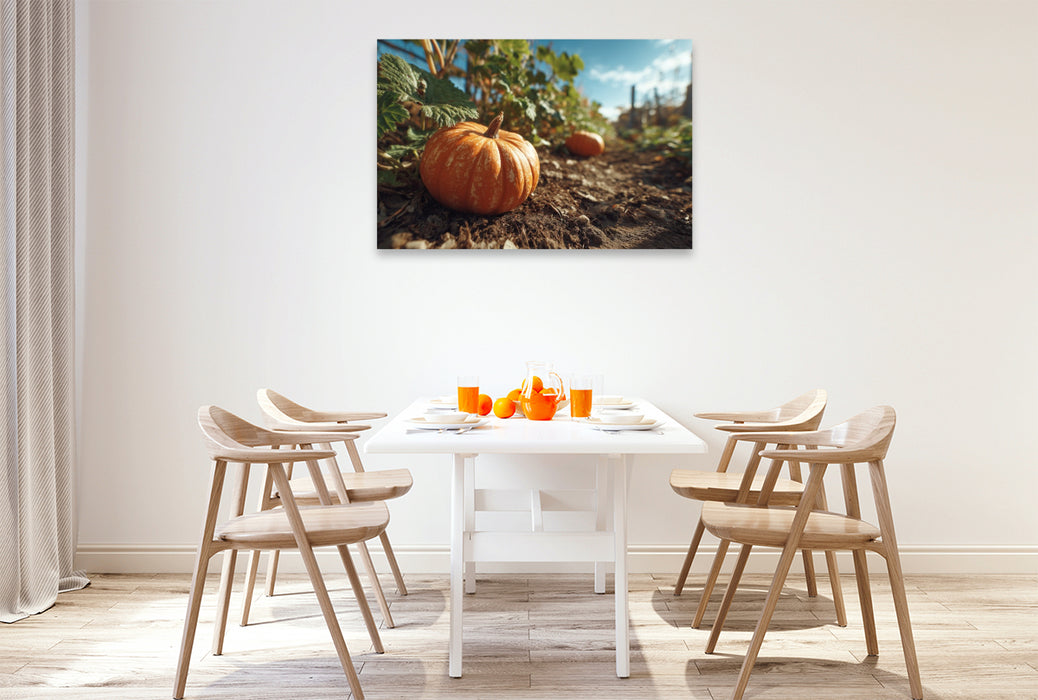 Premium Textil-Leinwand Kürbis im Gartenbeet bei Sonnenschein