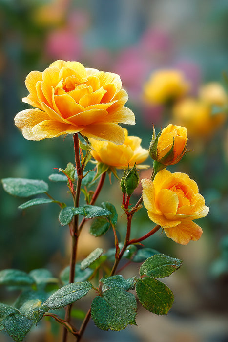 Premium Textil-Leinwand Gelbe Rosen blühend im Frühlingsgarten