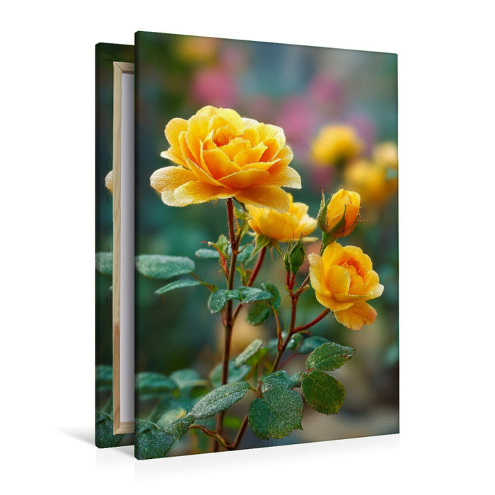 Premium Textil-Leinwand Gelbe Rosen blühend im Frühlingsgarten