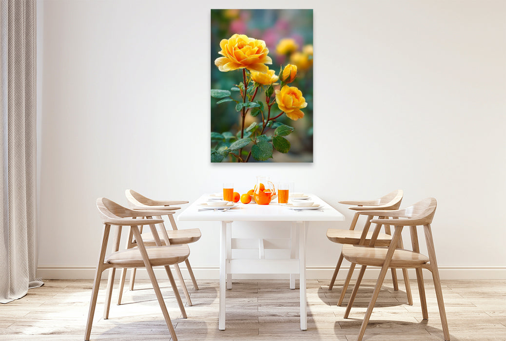 Premium Textil-Leinwand Gelbe Rosen blühend im Frühlingsgarten