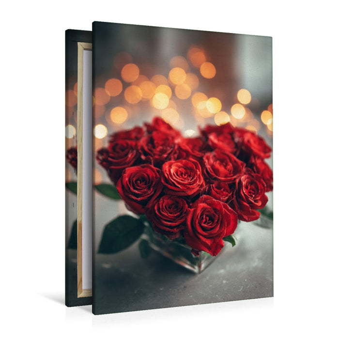 Premium Textil-Leinwand Rosenherz mit romantischem Licht, rote Rosen