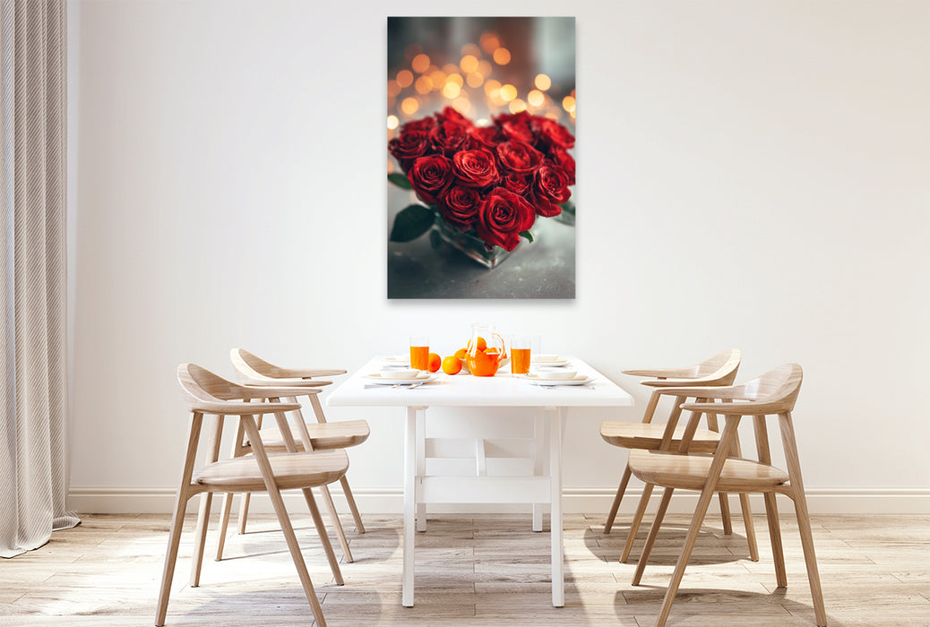 Premium Textil-Leinwand Rosenherz mit romantischem Licht, rote Rosen