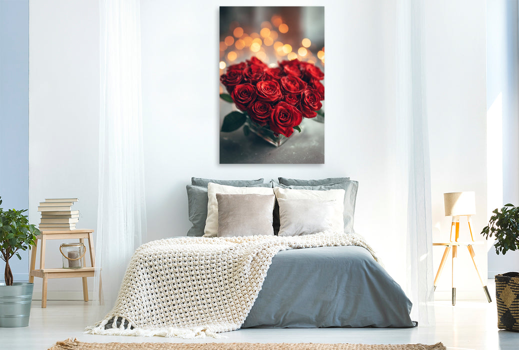 Premium Textil-Leinwand Rosenherz mit romantischem Licht, rote Rosen