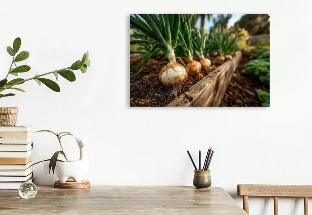 Premium Textil-Leinwand Frische Zwiebeln wachsen im Gartenbeet