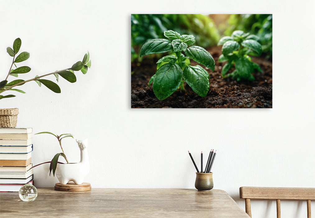 Premium Textil-Leinwand Frischer Basilikum wächst im Gartenbeet