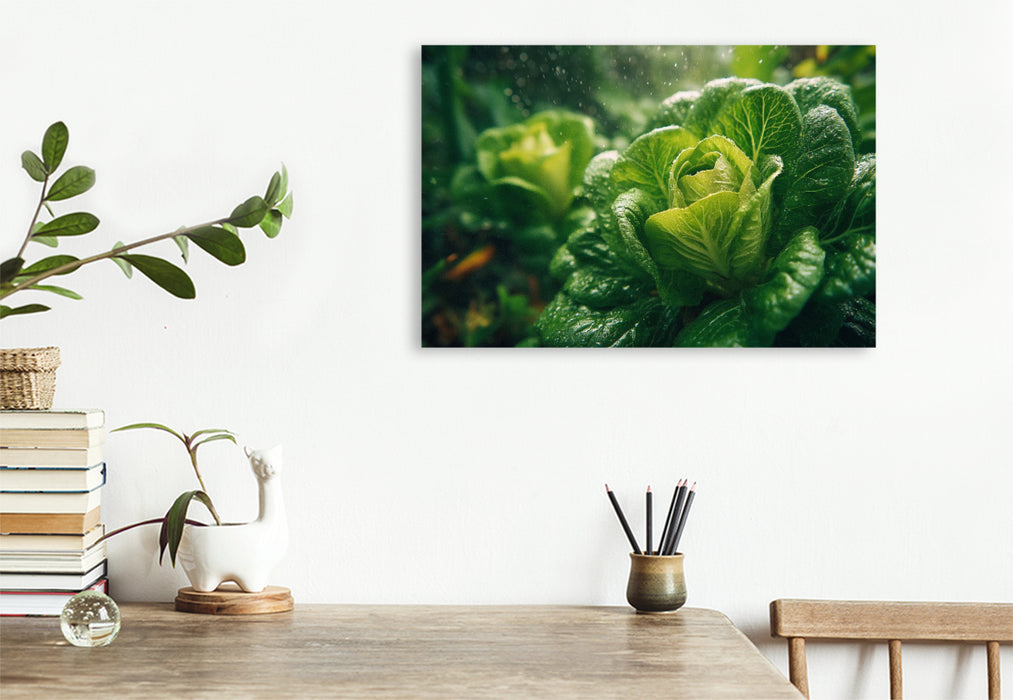 Premium Textil-Leinwand Frischer Kopfsalat im Garten wächst im satten Grün