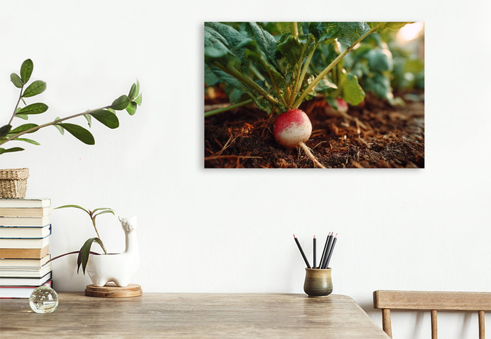 Premium Textil-Leinwand Radieschen frisch im Gartenbeet