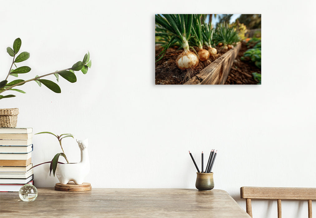 Premium Textil-Leinwand Frische Zwiebeln wachsen im Gartenbeet