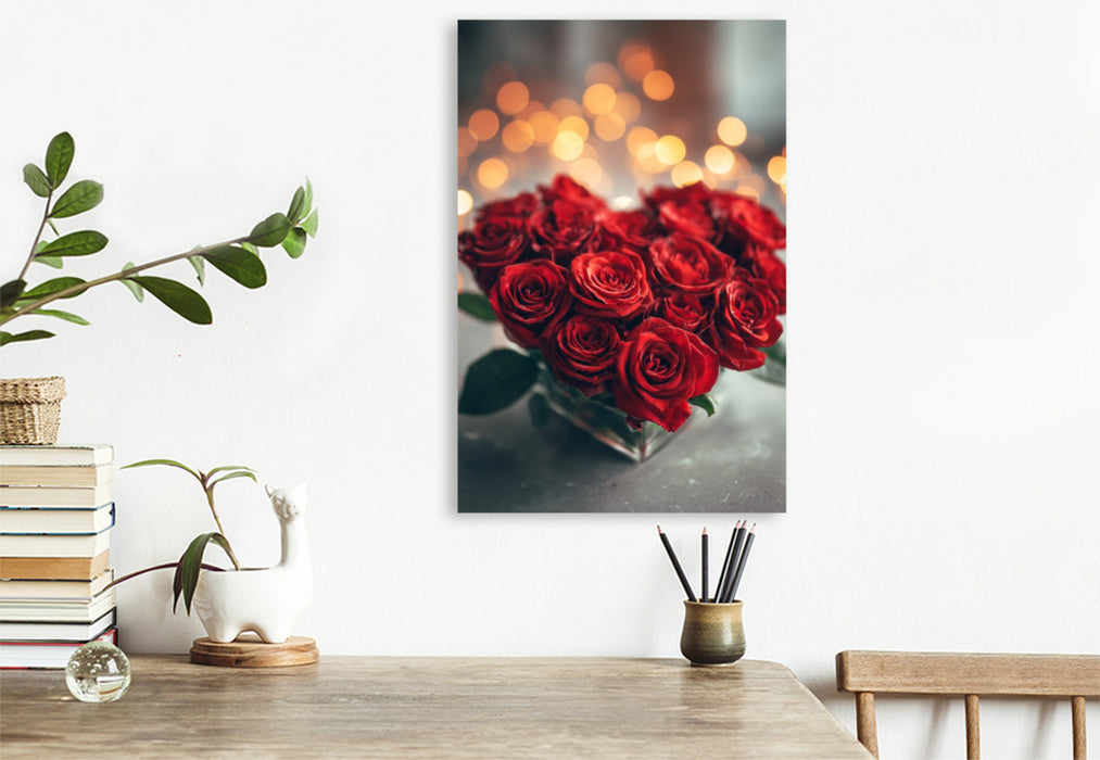 Premium Textil-Leinwand Rosenherz mit romantischem Licht, rote Rosen