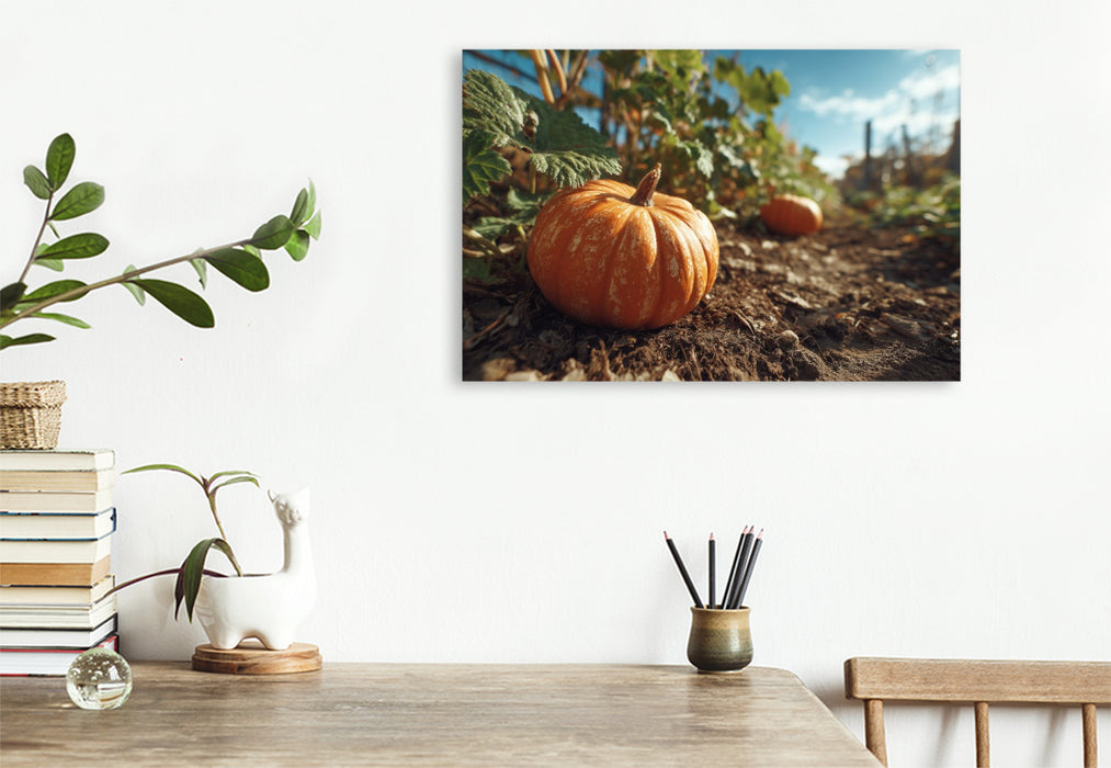 Premium Textil-Leinwand Kürbis im Gartenbeet bei Sonnenschein