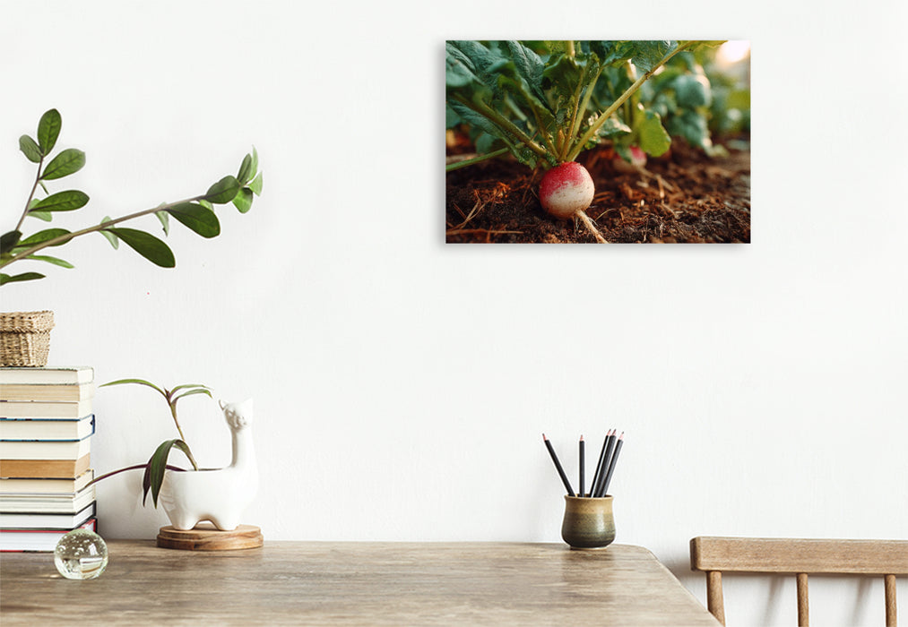 Premium Textil-Leinwand Radieschen frisch im Gartenbeet