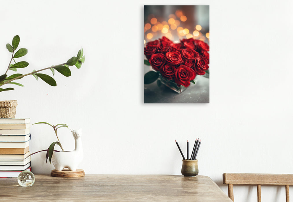 Premium Textil-Leinwand Rosenherz mit romantischem Licht, rote Rosen