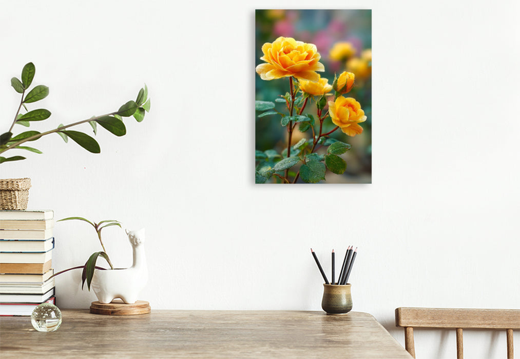 Premium Textil-Leinwand Gelbe Rosen blühend im Frühlingsgarten