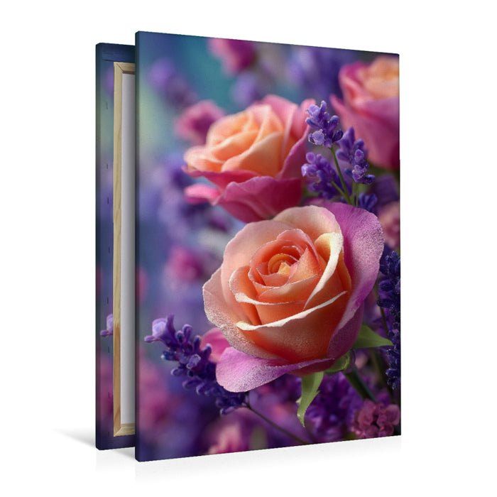 Premium Textil-Leinwand Rosen und Lavendel in harmonischer Blüte
