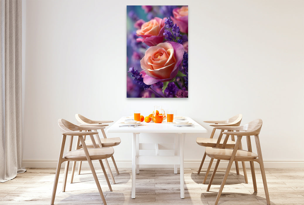 Premium Textil-Leinwand Rosen und Lavendel in harmonischer Blüte