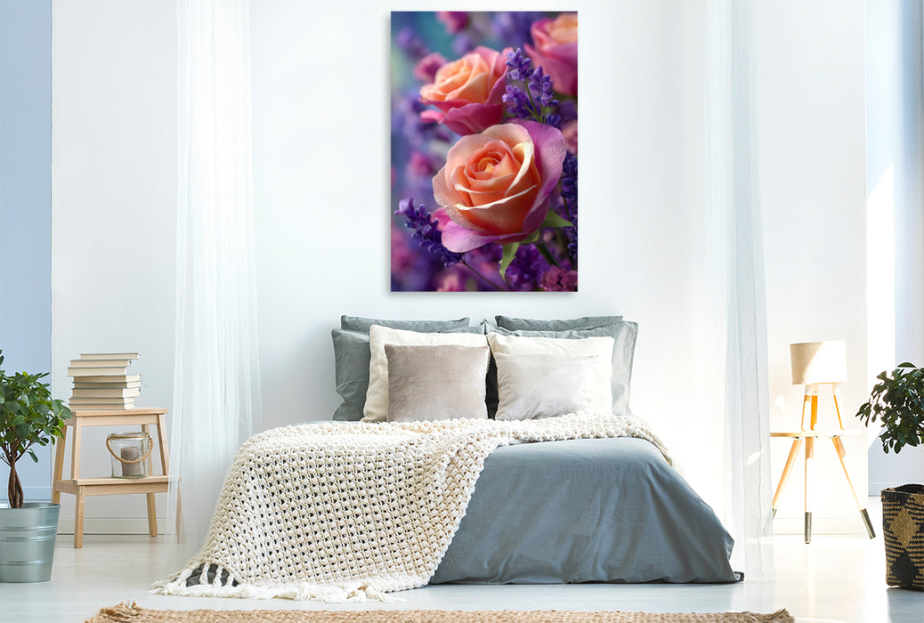 Premium Textil-Leinwand Rosen und Lavendel in harmonischer Blüte