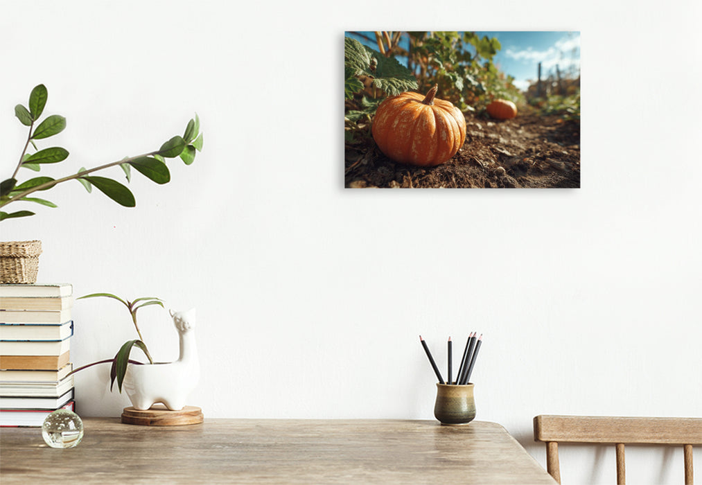 Premium Textil-Leinwand Kürbis im Gartenbeet bei Sonnenschein