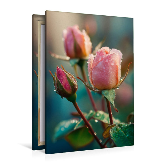 Premium Textil-Leinwand Rosenknospen mit Tautropfen