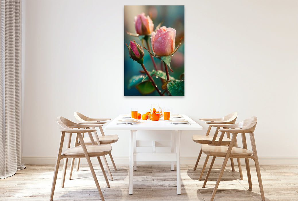 Premium Textil-Leinwand Rosenknospen mit Tautropfen