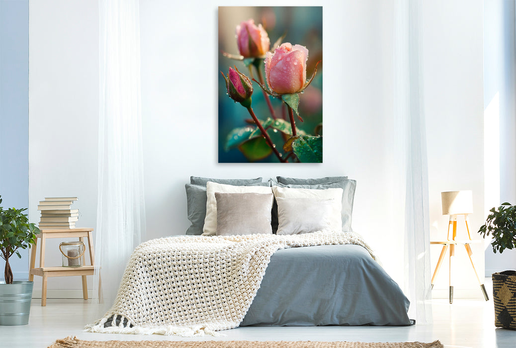 Premium Textil-Leinwand Rosenknospen mit Tautropfen