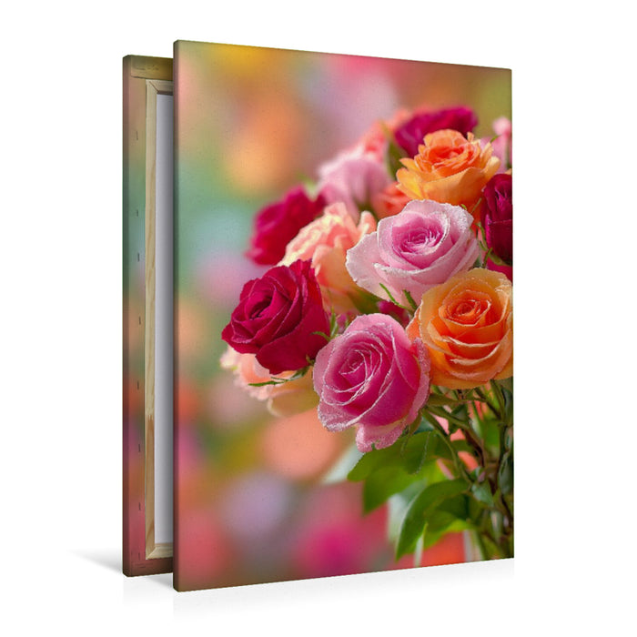 Premium Textil-Leinwand Bunter Rosenstrauß in voller Blüte