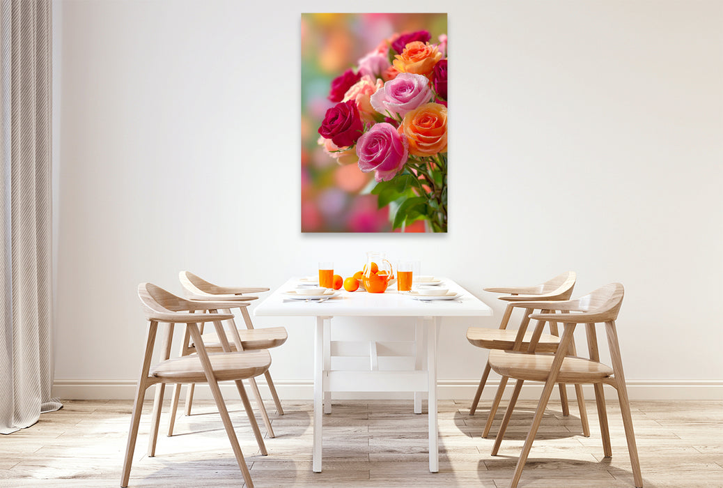 Premium Textil-Leinwand Bunter Rosenstrauß in voller Blüte