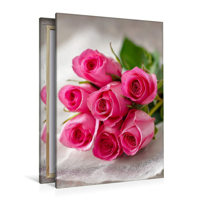 Premium Textil-Leinwand Strauß aus rosa Rosen in Pastelltönen
