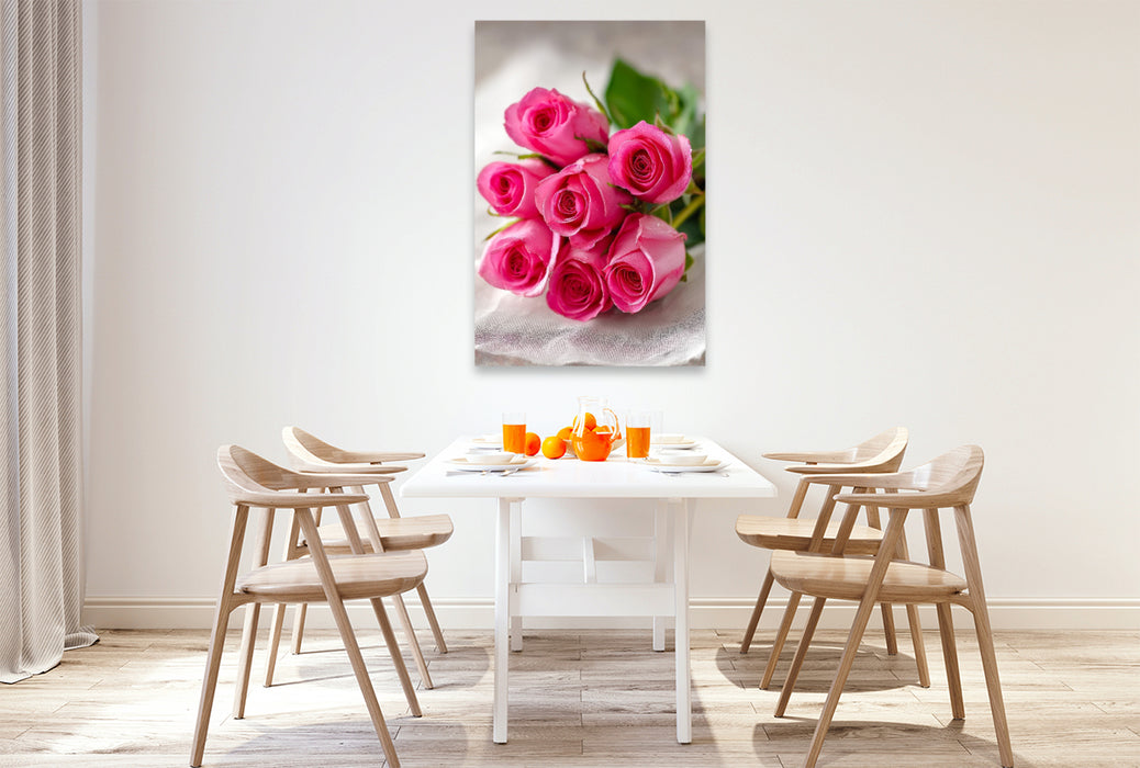 Premium Textil-Leinwand Strauß aus rosa Rosen in Pastelltönen