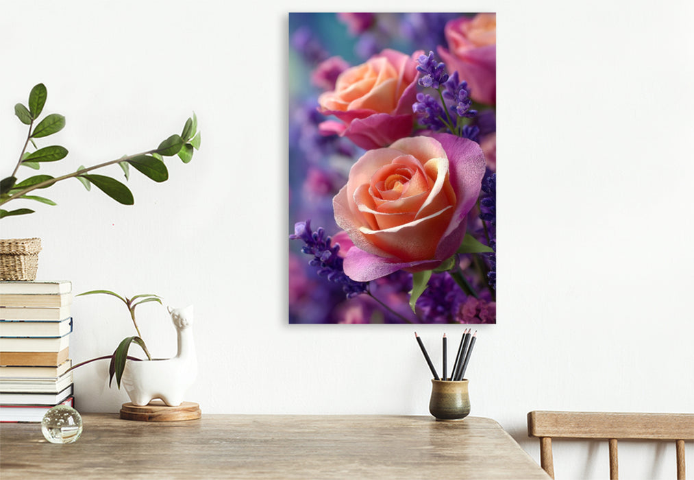 Premium Textil-Leinwand Rosen und Lavendel in harmonischer Blüte