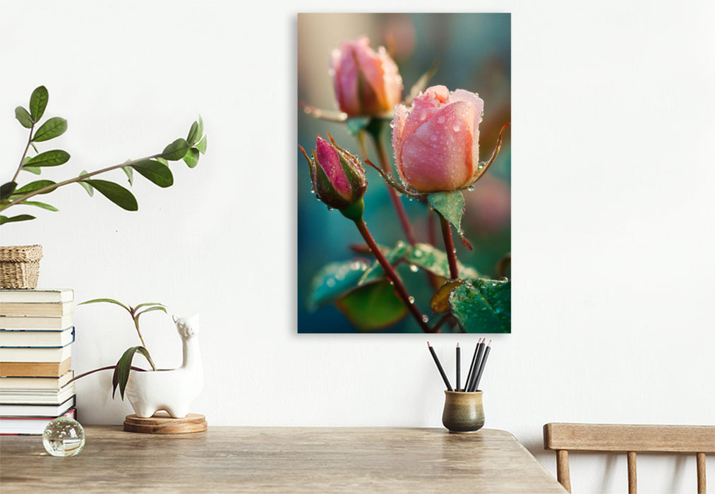 Premium Textil-Leinwand Rosenknospen mit Tautropfen