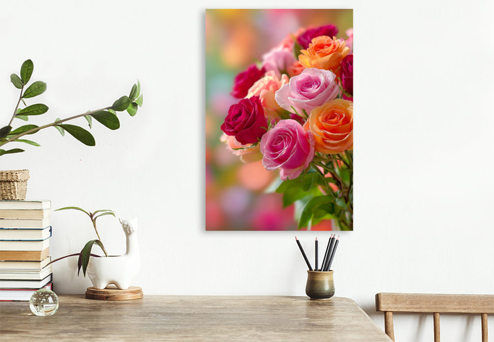 Premium Textil-Leinwand Bunter Rosenstrauß in voller Blüte