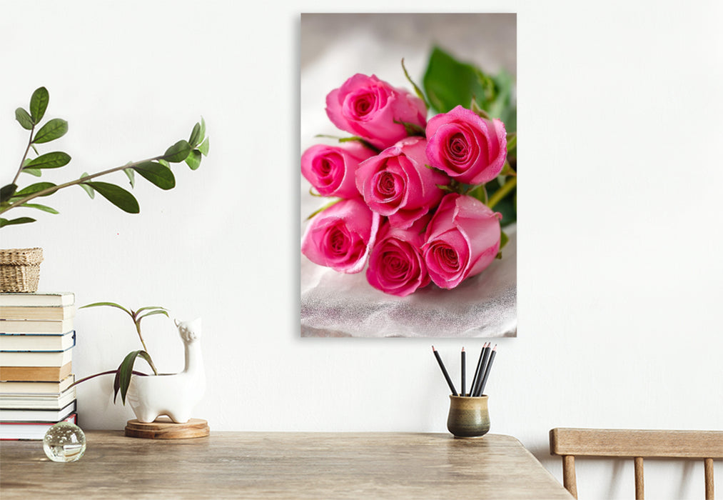 Premium Textil-Leinwand Strauß aus rosa Rosen in Pastelltönen