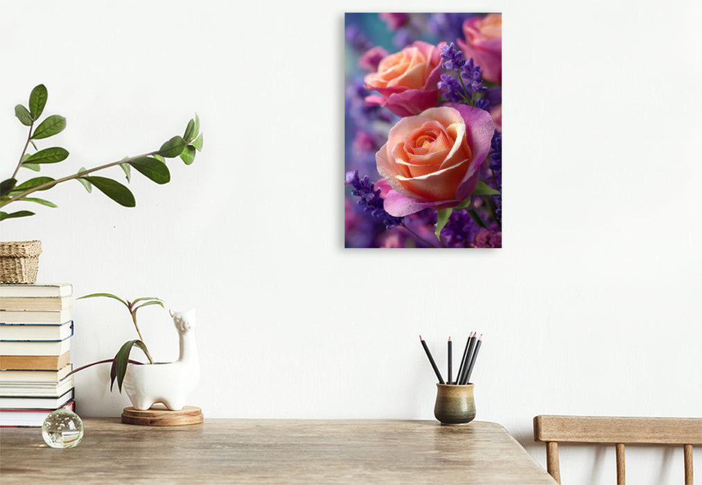 Premium Textil-Leinwand Rosen und Lavendel in harmonischer Blüte