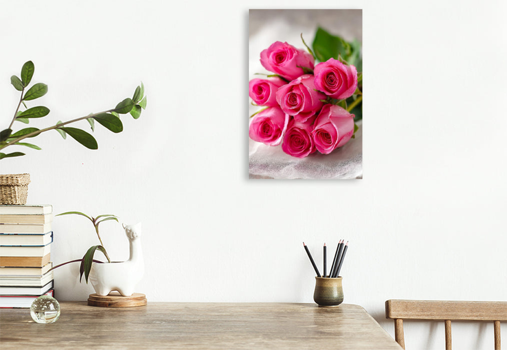 Premium Textil-Leinwand Strauß aus rosa Rosen in Pastelltönen