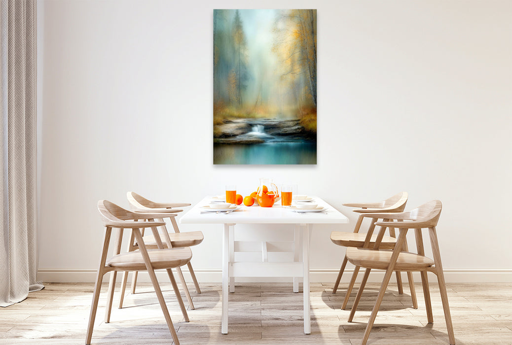 Premium Textil-Leinwand Zwischen silbernen Stämmen flüstert das Wasser von alten Geschichten