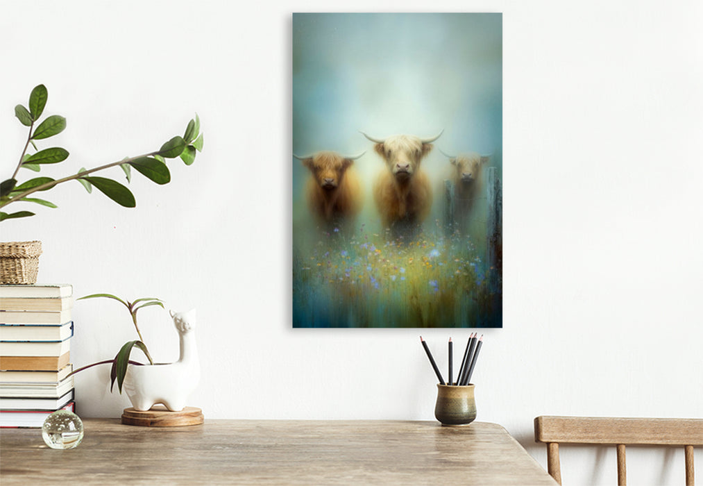 Premium Textil-Leinwand Majestätisch und friedlich – die Hüter der Nebelwiese