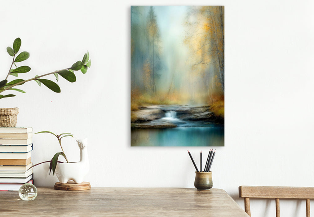 Premium Textil-Leinwand Zwischen silbernen Stämmen flüstert das Wasser von alten Geschichten